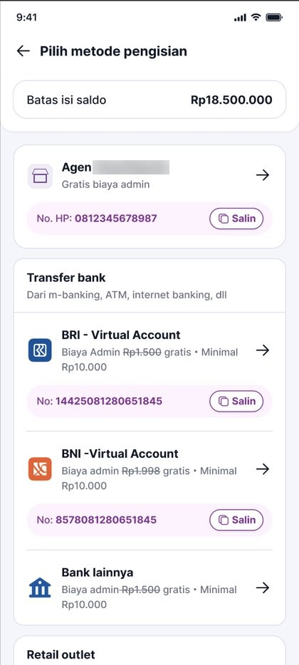 Top-up method list: agent, bank virtual accounts and retail outlet