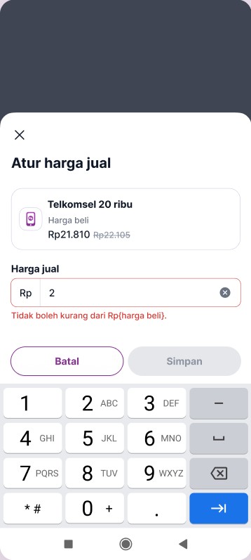 Error: selling price can't be lower than the purchase price