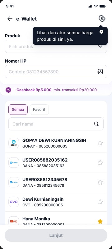E-wallet customer input page with a coachmark pointing to the price tag icon: Lihat dan atur semua harga produk di sini, ya.
