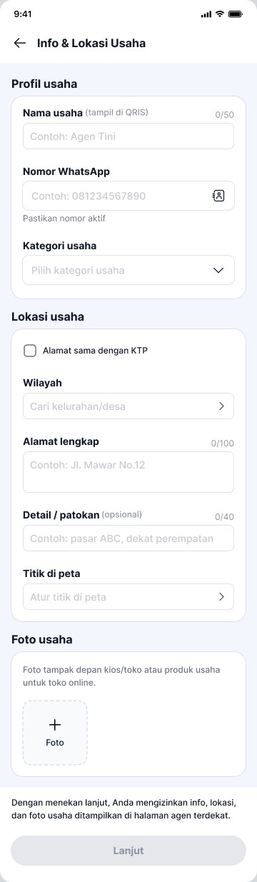 QRIS business profile form with name, WhatsApp, category, location, map pin, photos and a consent note