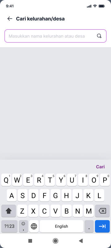 Search screen for kelurahan or desa