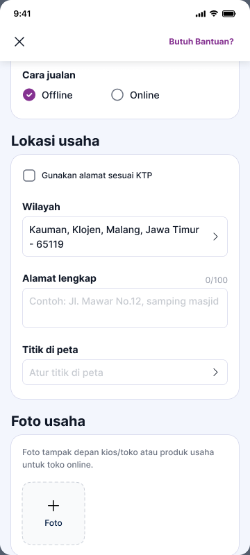 Business location form with the area filled in as Kauman, Klojen, Malang, Jawa Timur, 65119