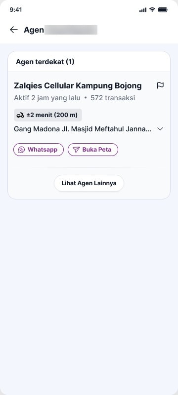 Agent card showing about 2 minutes by motorbike, 200 m